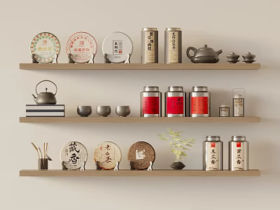 Traditional Tea Set Display with Teapot Cups Tea Cans and Tea Cakes on Wooden Shelves 3d model