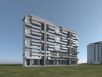 Modern Residential Building Exterior Design With Multiple Balconies And Glass Windows On Green Lawn 3d model