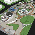 Urban Park Landscape With Green Lawns Pathways Play Areas And Water Features