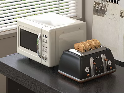 White Microwave And Black Toaster On Kitchen Countertop With Toasted Bread And Window Blinds 3d model