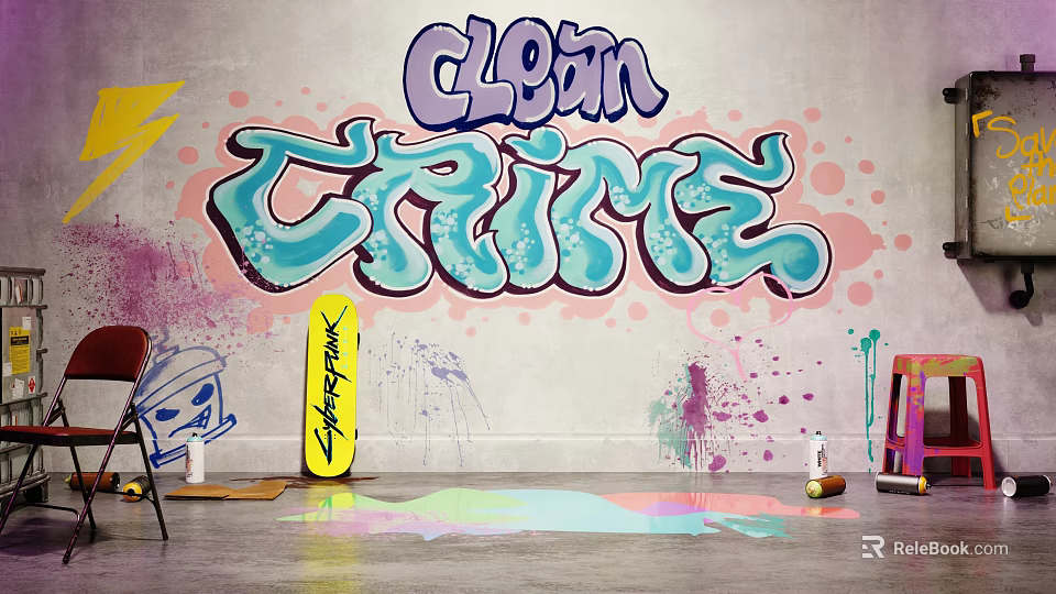 Colorful Graffiti Wall Decor with Clean Crime Art and Splatter Design in Art Studio Space 3d model 