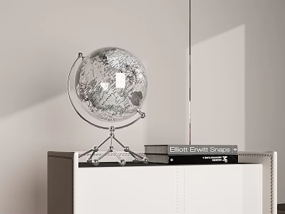 Elegant Globe Decorative Ornament Set With Silver Stand On White Cabinet And Books 3d model