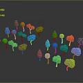 Colorful 3D Model Trees Arranged in Green Blue Orange on Gray Background With Reflections
