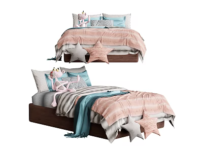 Single Bed with Pink Light Blue Gray Bedding Star Shaped Pillows and Stuffed Toys 3d model