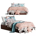 Single Bed with Pink Light Blue Gray Bedding Star Shaped Pillows and Stuffed Toys