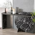 Modern Black Marble Console Table With Circular Top And Decorative Elements