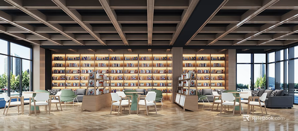 Cozy Cafe With Wooden Ceiling Herringbone Floor Bookshelves Numerous Books Tables Chairs And Sofas 3d model 