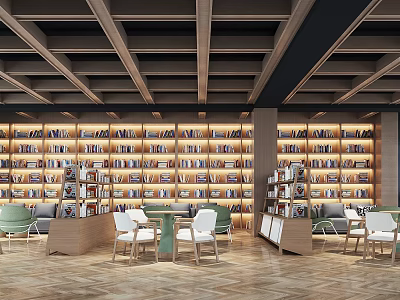 Cozy Cafe With Wooden Ceiling Herringbone Floor Bookshelves Numerous Books Tables Chairs And Sofas 3d model