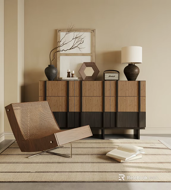 Modern Wooden Entryway Side Cabinet With Storage Drawers And Decorative Lamp 3d model 