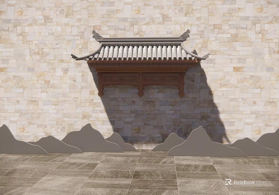 Traditional Chinese Architectural Component With Wooden Structure On Stone Wall And Slab Floor Mountain Decorations 3d model 