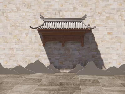 Traditional Chinese Architectural Component With Wooden Structure On Stone Wall And Slab Floor Mountain Decorations 3d model