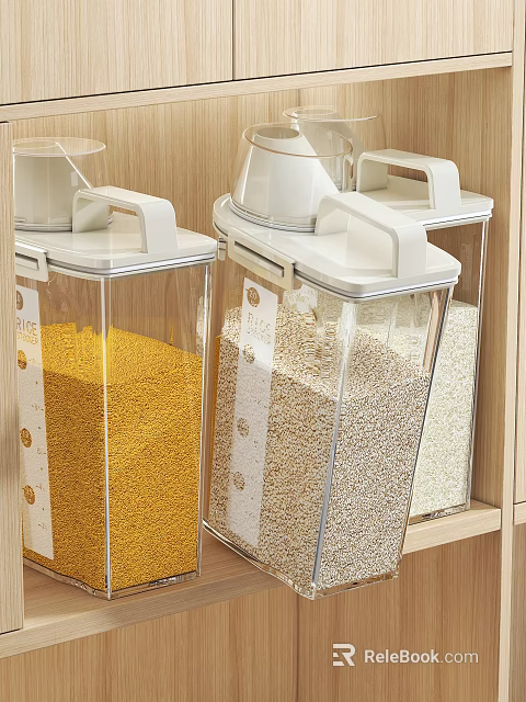 Transparent Kitchen Storage Containers With White Lids For Grains On Wooden Shelf 3d model 