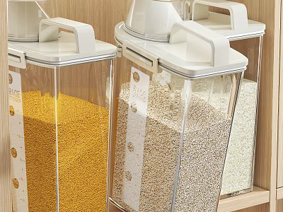Transparent Kitchen Storage Containers With White Lids For Grains On Wooden Shelf 3d model