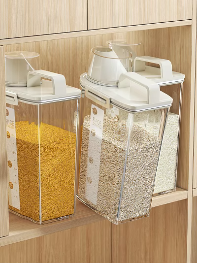 Transparent Kitchen Storage Containers With White Lids For Grains On Wooden Shelf 3d model