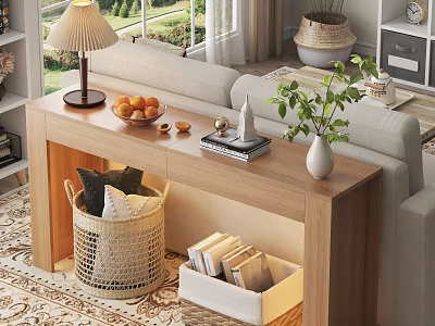 Cozy Living Room Interior With Wooden Console Table Sofa Lamp Fruits And Potted Plant 3d model