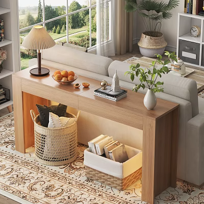 Cozy Living Room Interior With Wooden Console Table Sofa Lamp Fruits And Potted Plant 3d model