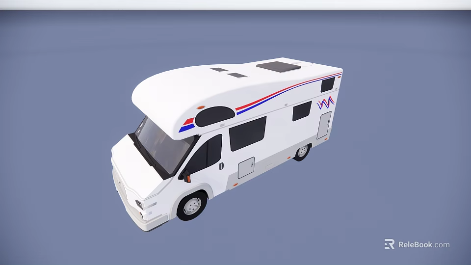 White Camper Van With Red And Blue Stripes Sunroof And Windows 3d model 
