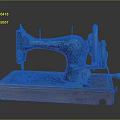 Vintage Blue Sewing Machine With Rustic Finish On Wooden Base