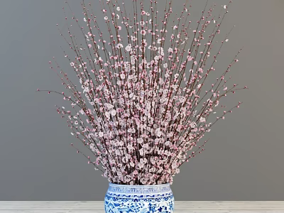 Blue and White Porcelain Vase with Pink Flowering Branches on Wooden Table against Gray Wall 3d model