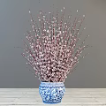 Blue and White Porcelain Vase with Pink Flowering Branches on Wooden Table against Gray Wall