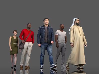 Diverse Group of People Standing Together with Various Clothing and Cultural Backgrounds 3d model