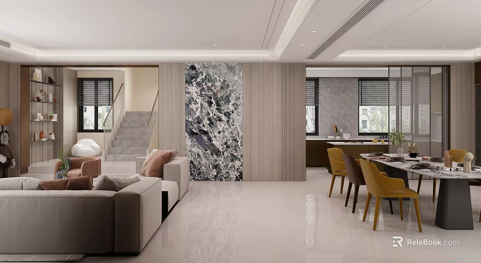 Modern Dining and Living Room Interior With Sofa Dining Table Yellow Chairs And Marble Wall 3d model 