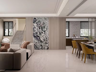Modern Dining and Living Room Interior With Sofa Dining Table Yellow Chairs And Marble Wall 3d model