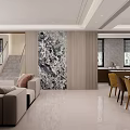 Modern Dining and Living Room Interior With Sofa Dining Table Yellow Chairs And Marble Wall