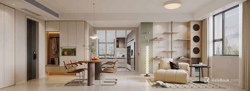 Modern Open Concept Living Dining Room With Beige Sofa Dining Table And Floor Lamp 3d model 