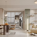 Modern Open Concept Living Dining Room With Beige Sofa Dining Table And Floor Lamp
