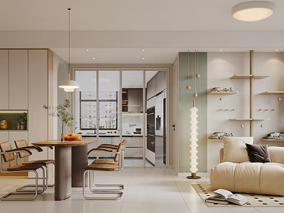 Modern Open Concept Living Dining Room With Beige Sofa Dining Table And Floor Lamp 3d model