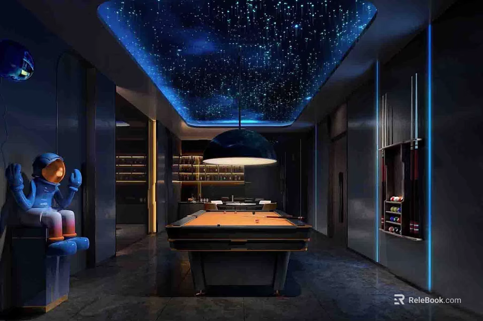 Billiard Room With Starry Night Ceiling Pendant Lamp And Modern Pool Table 3d model 