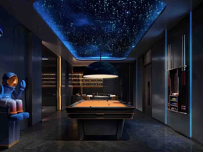 Billiard Room With Starry Night Ceiling Pendant Lamp And Modern Pool Table 3d model