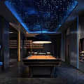 Billiard Room With Starry Night Ceiling Pendant Lamp And Modern Pool Table 3d model