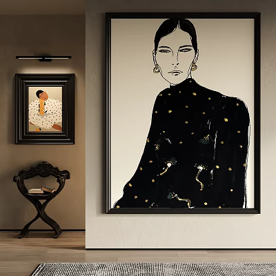 Large Portrait of Woman in Black with Gold Accents and Smaller Artwork in Interior Decor 3d model