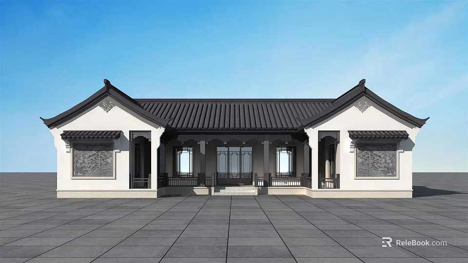 Traditional Chinese Style Single Family Villa With Black Roof White Walls And Stone Courtyard 3d model 