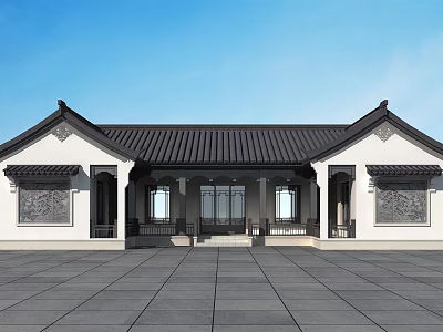 Traditional Chinese Style Single Family Villa With Black Roof White Walls And Stone Courtyard 3d model