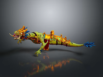 Detailed Fantasy Dragon With Rider Saddle Green Body Golden Orange Armor And Blue Tail 3d model