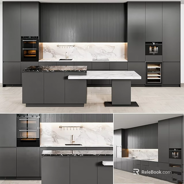 Modern Kitchen Interior With Gray Cabinets And Marble Island Countertop 3d model 