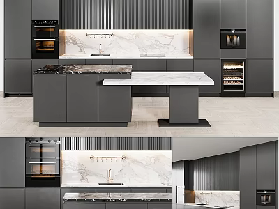 Modern Kitchen Interior With Gray Cabinets And Marble Island Countertop 3d model