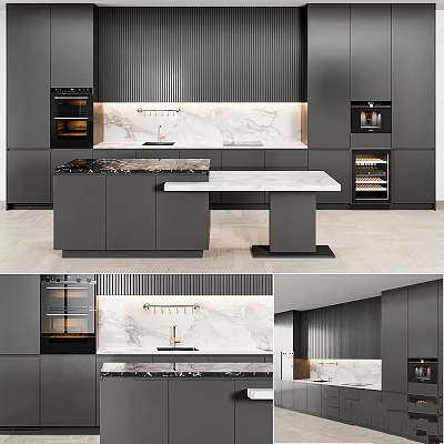 Modern Kitchen Interior With Gray Cabinets And Marble Island Countertop 3d model
