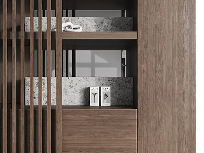Contemporary Wooden Storage Shelf Unit With Open Shelves And Decorative Items 3d model