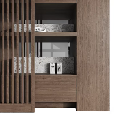 Contemporary Wooden Storage Shelf Unit With Open Shelves And Decorative Items 3d model