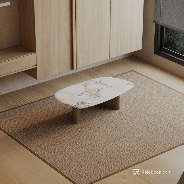 Modern Sofa And Coffee Table Set Featuring Oval Marble Top Wooden Legs On Carpet 3d model 