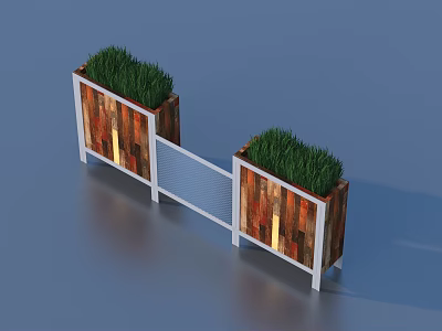 Bonsai Potted Plants in Wooden Planters with Colorful Stripes Green Grass and White Grid 3d model