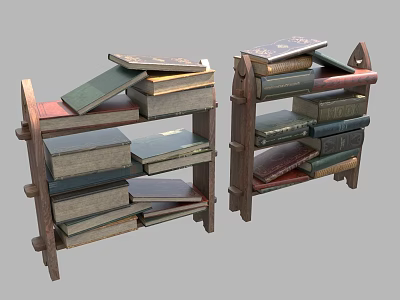 Two Wooden Bookshelves Filled With Various Books And Magazines Arranged Neatly 3d model