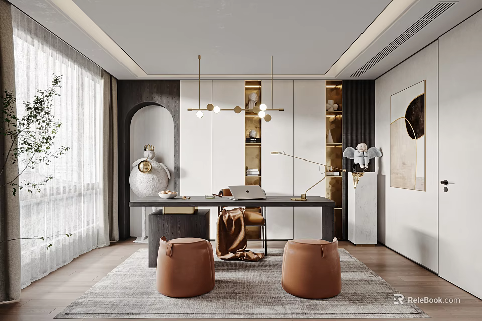 Modern Study Interior With Large Desk Brown Poufs And Chic Decor 3d model