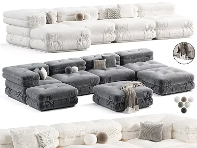 Gray And White Plush Sectional Sofa With Decorative Pillows And Throw Blanket 3d model