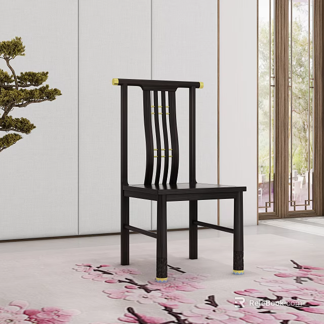 Black Chinese Design Dining Chair In Modern Interior With Potted Pine And Pink Floral Carpet 3d model 
