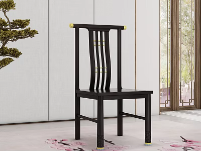 Black Chinese Design Dining Chair In Modern Interior With Potted Pine And Pink Floral Carpet 3d model